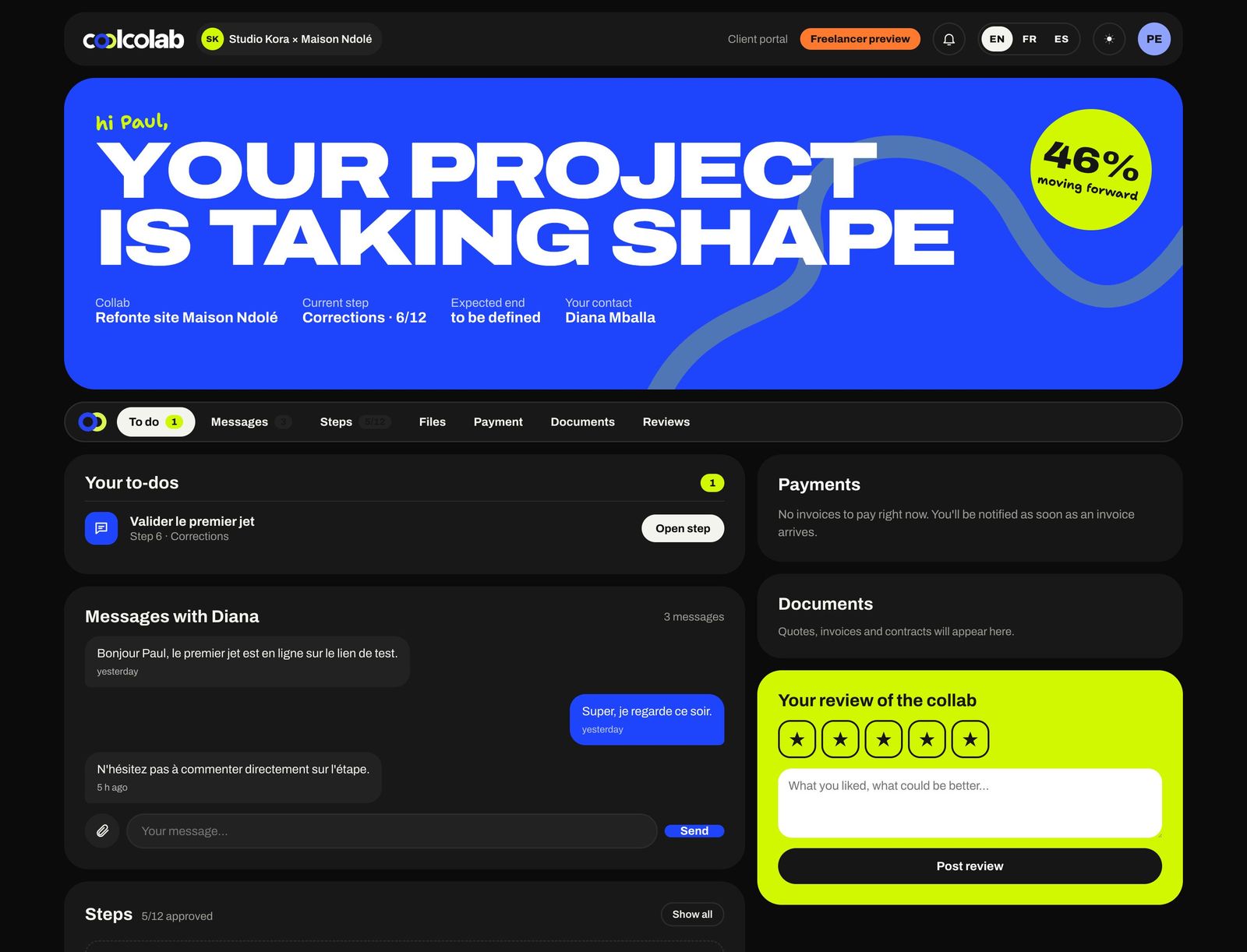 Client portal in dark mode