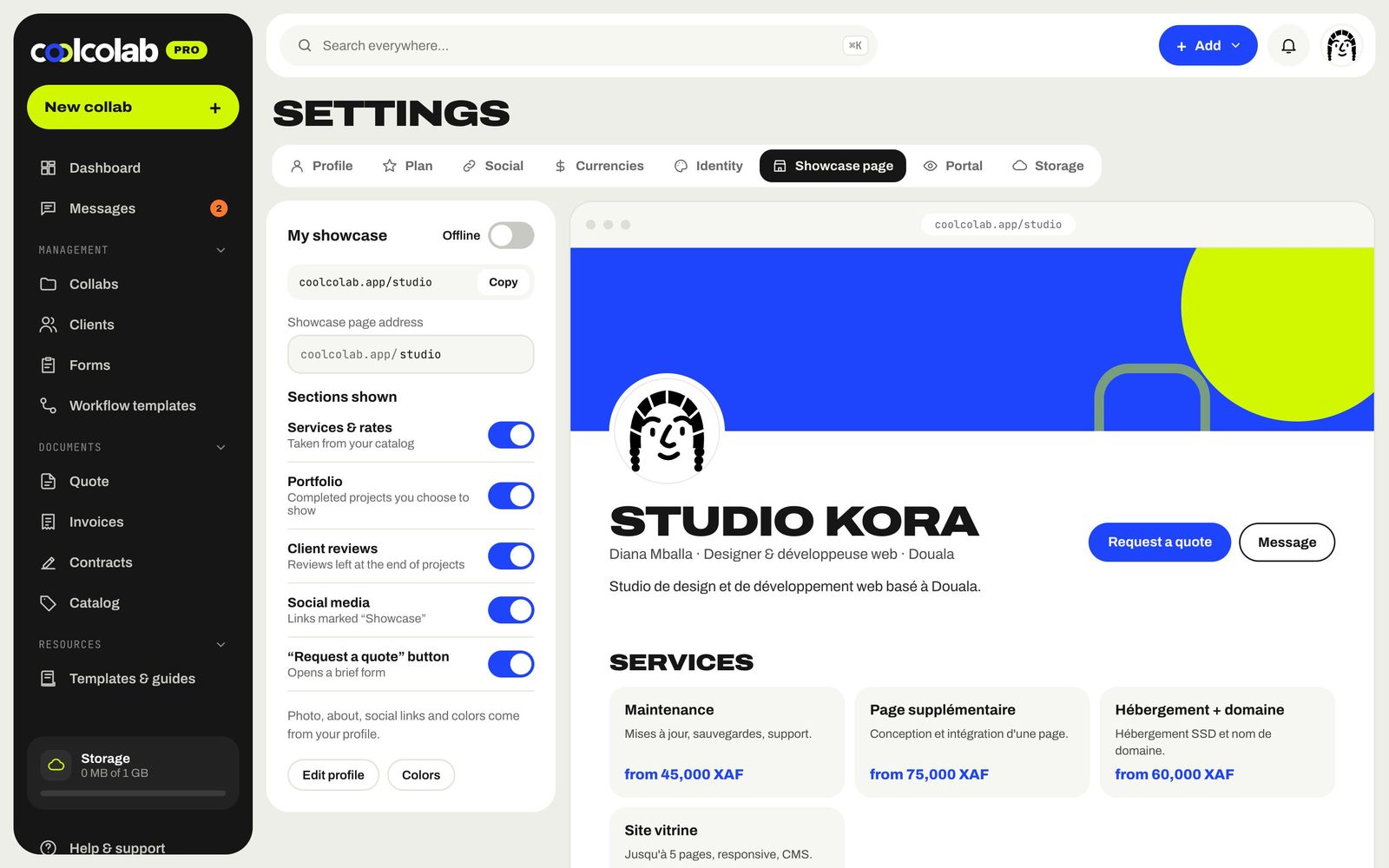 Public showcase page settings